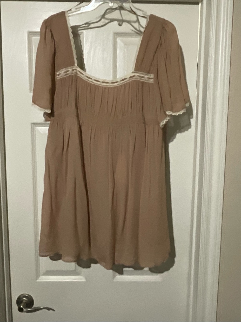 NWT Zara Women's Soft Taupe Boho Short Sleeve Dress with Lace Trim